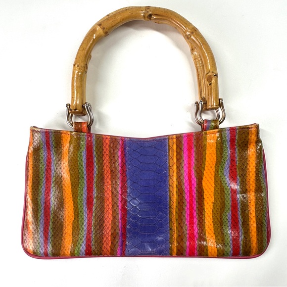 Vintage Snakeskin Roberto Vascon Luxury Purse Clutch W/Bamboo Handles Rainbow 37 - Picture 1 of 15